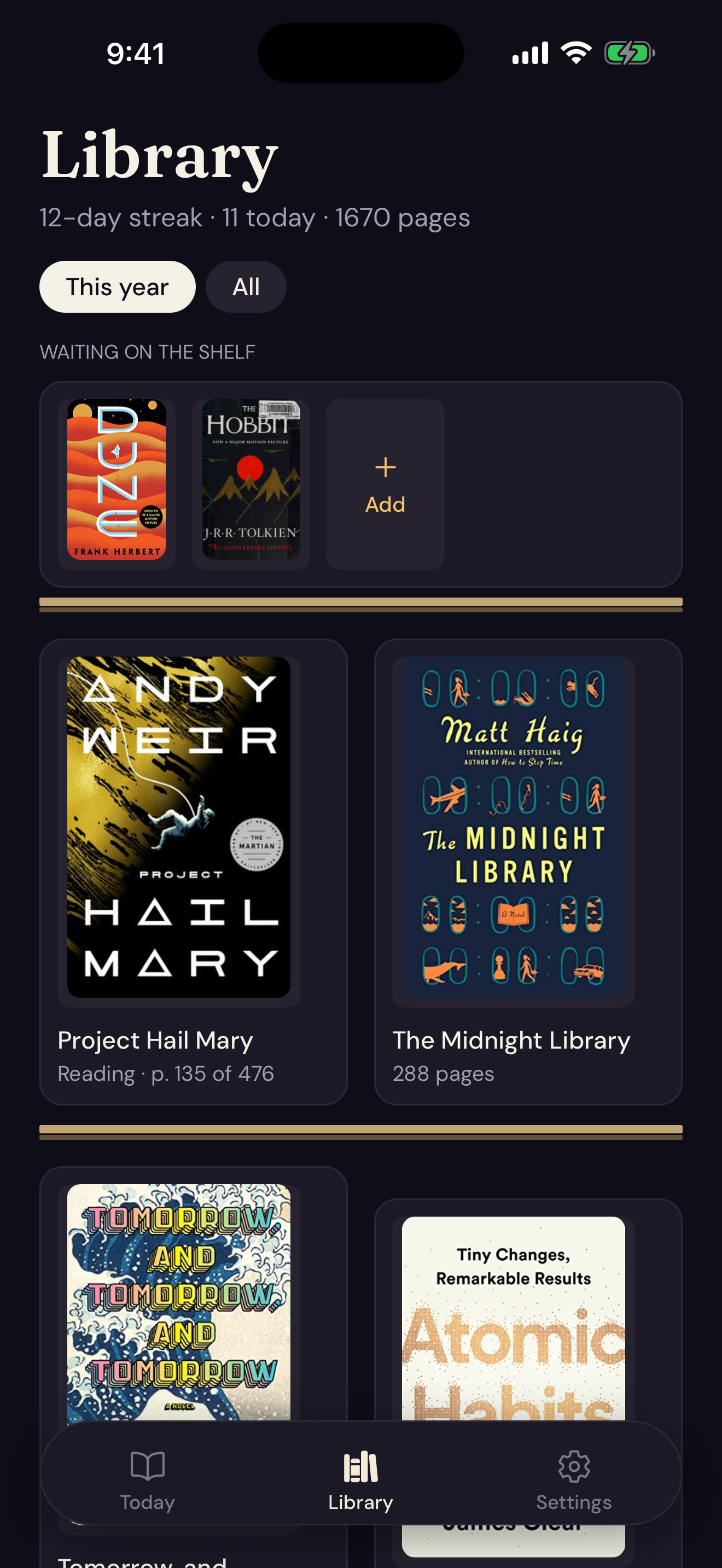 Library screen showing finished books, an up-next shelf, and a 12-day streak